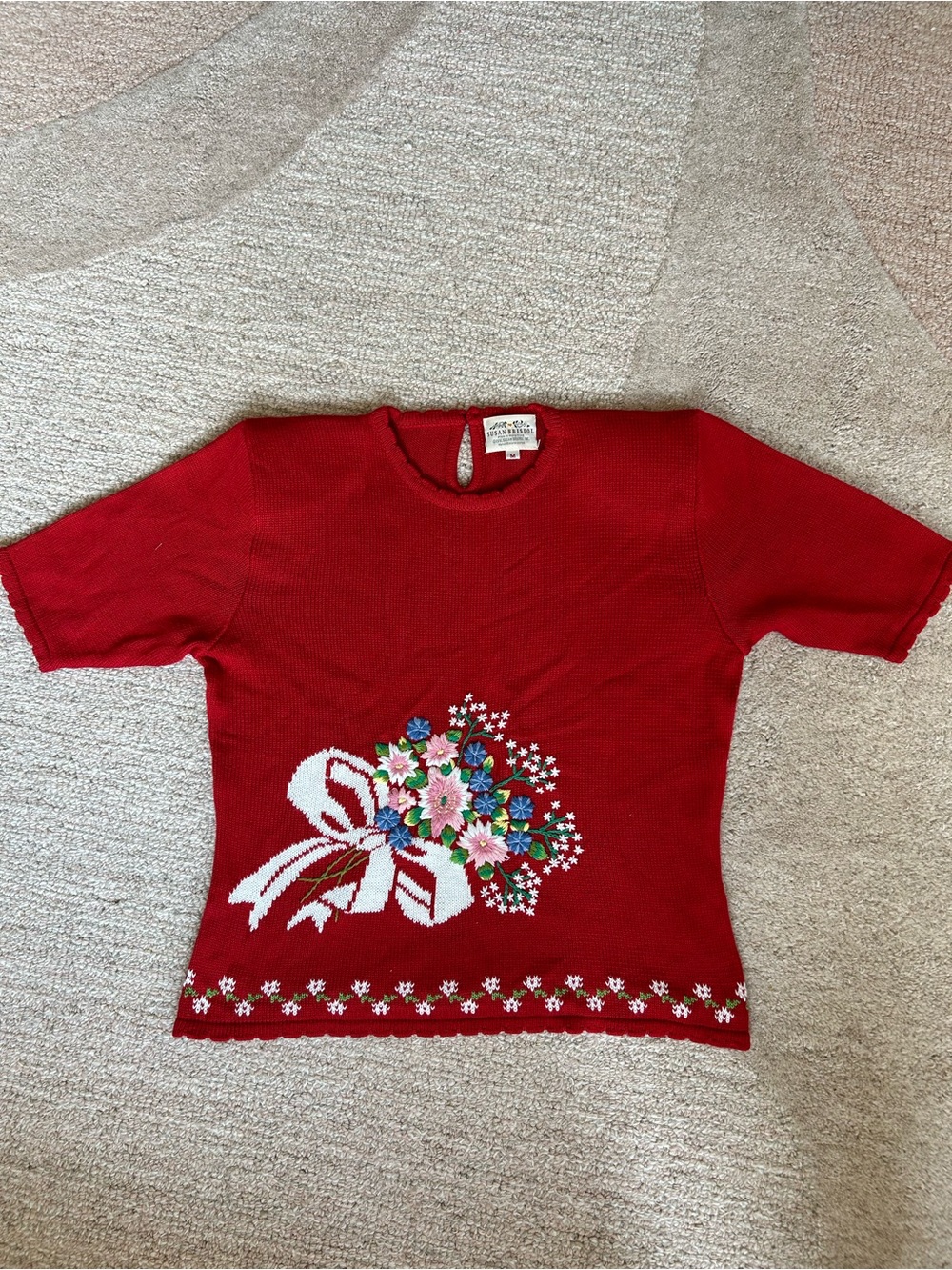 Susan Bristol Red Knit Top with Floral Bouquet embroidery size M